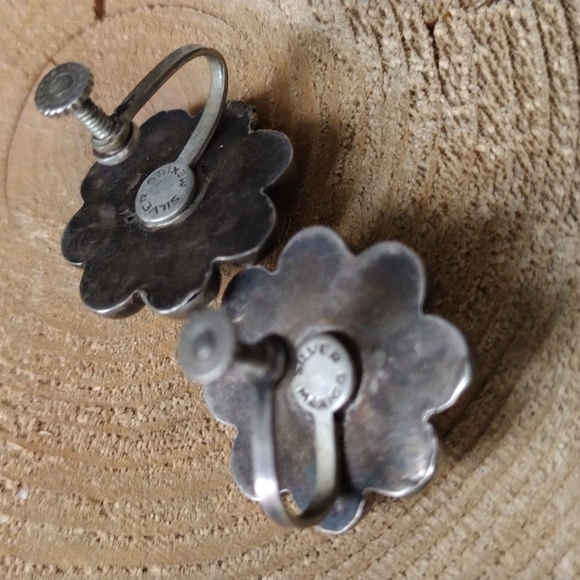 c'30s-'40s S'Western Sterling Silver Turquoise Flower Screwback Earrings VINTAGE - Picture 7 of 10